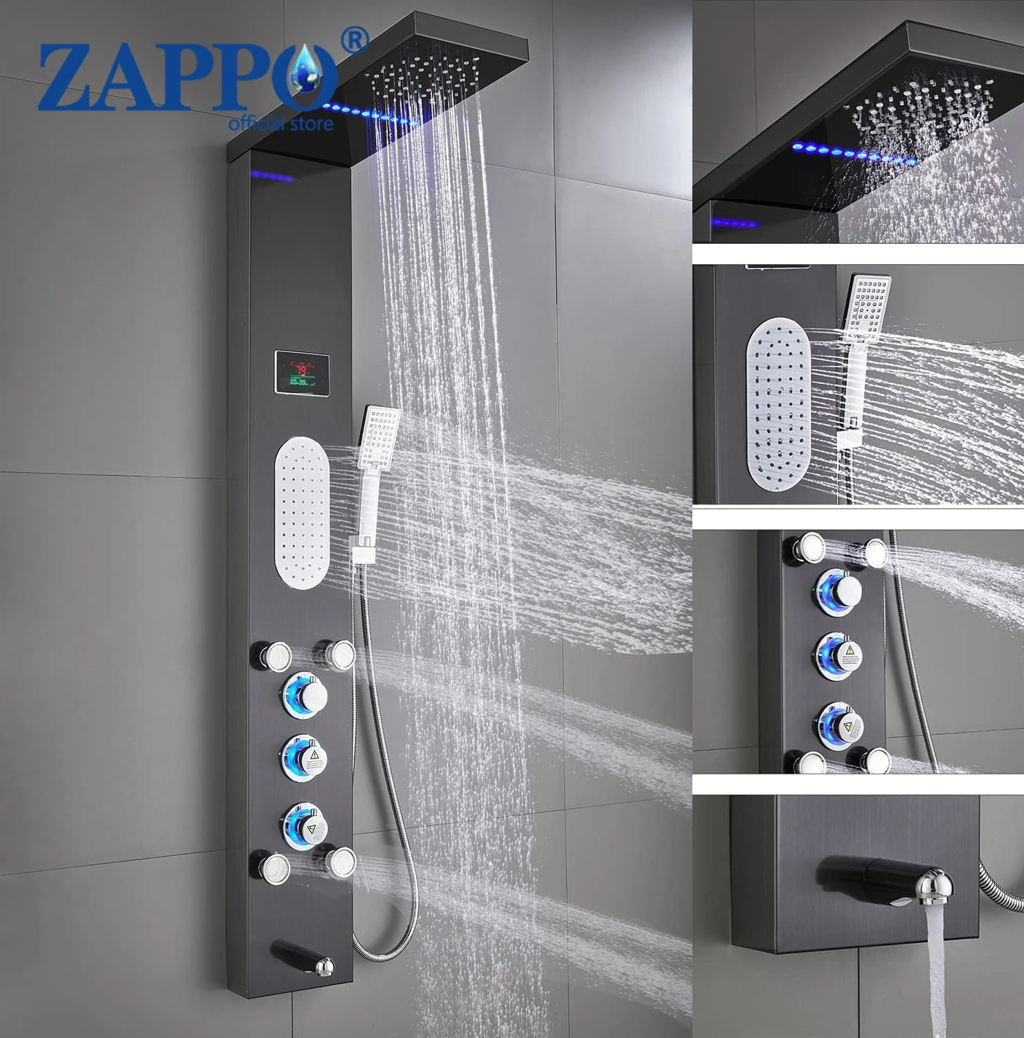 ZAPPO Shower Panel Tower System with LED Rainfall Waterfall Head Body Jets Digital Display Handheld Shower Column w/Tub Spout