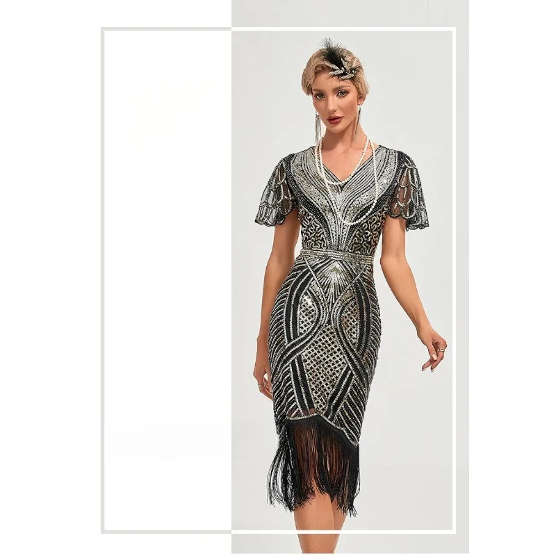 

1920S Retro Dance Party Embroidered Tassel Dress Cocktail Party Large Size Beaded Mesh Lace