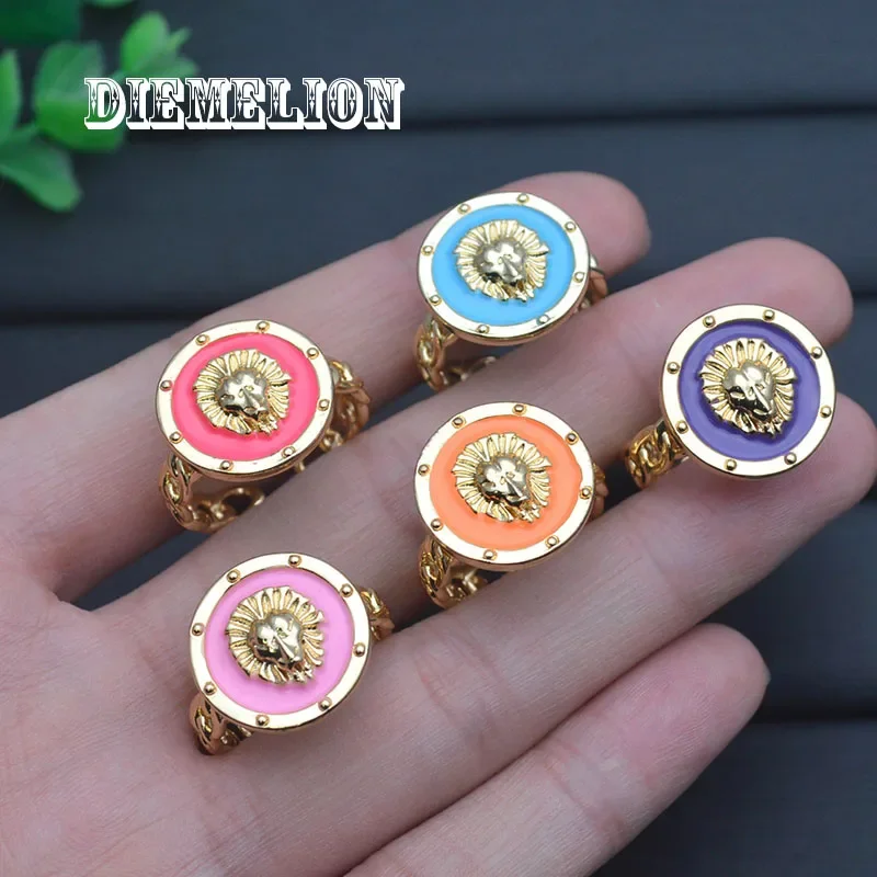 5/10Pcs Rainbow Enamel 18K Gold Plated Lion Head Rings for Woman Animal Lion Statue Adjustable Opening Constellation Ring