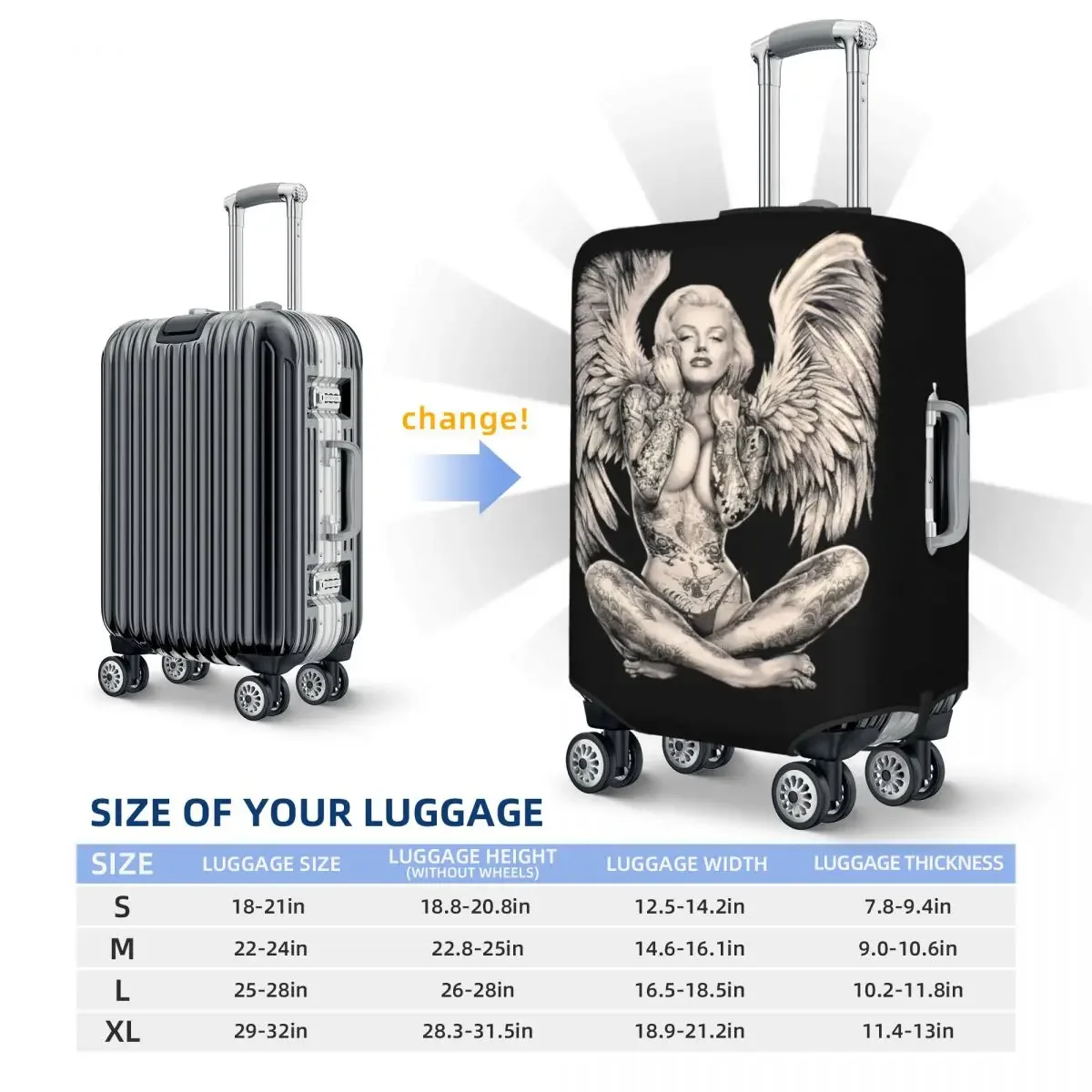 Marilyn  Tattooed Angel Luggage Protective Dust Covers Elastic Waterproof 18-32inch Suitcase Cover Travel Accessories