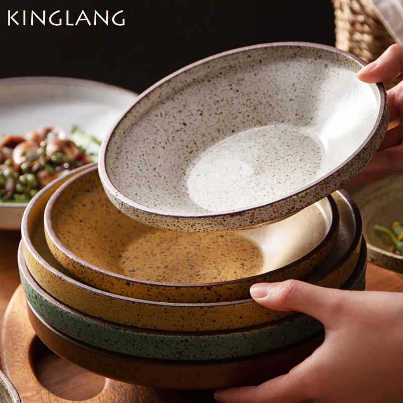 KINGLANG 2 Sizes Vintage Japanese Deep Plate Handmade Retro Dinner Plate Household Dish Plate Microwave Oven Safe Plate