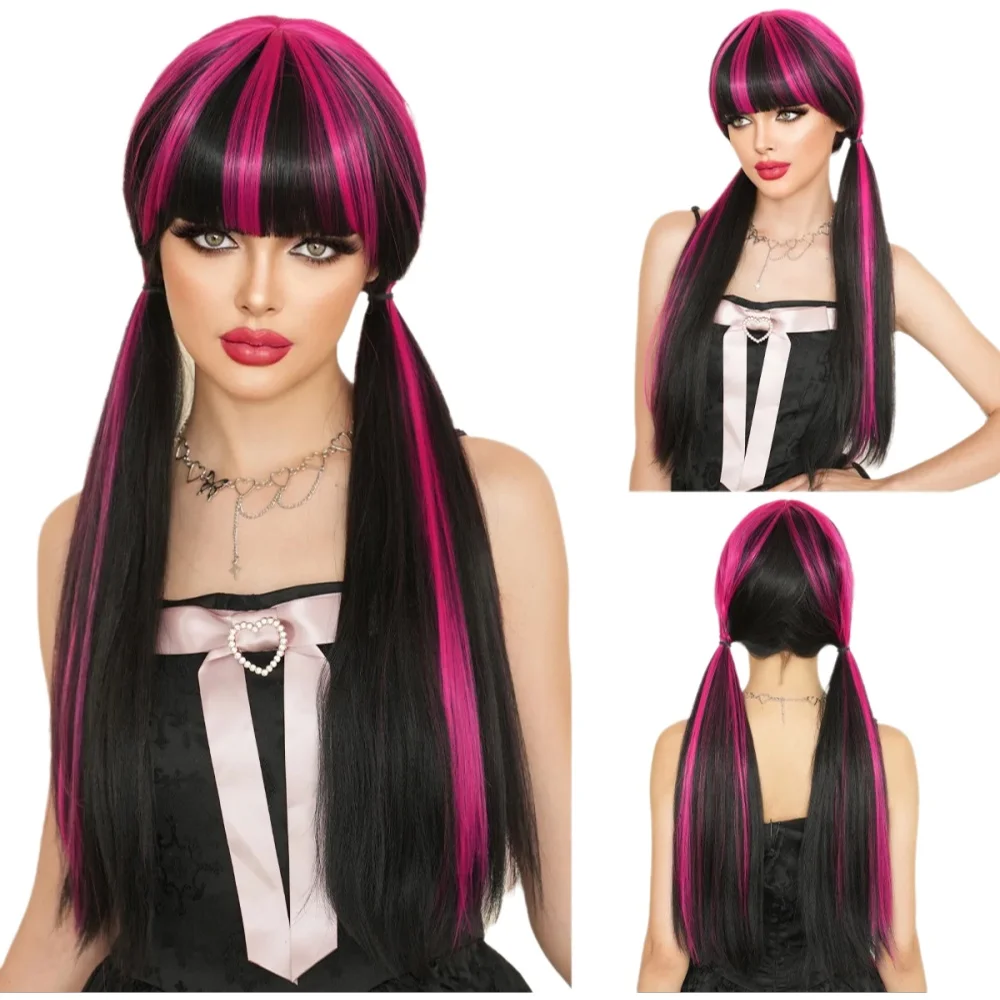 Peruka syntetyczna Black Rose, długa, prosta | Oplot | Postać animowana dla Draculaura Halloween Vampire RPG Wig — 2
