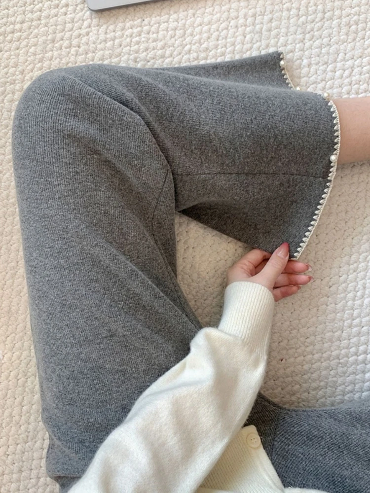 Gray Beaded Knitted Flared Wide-Leg Pants for Women 2026 New Autumn Winter Lazy Style Slimming Versatile Casual Pants