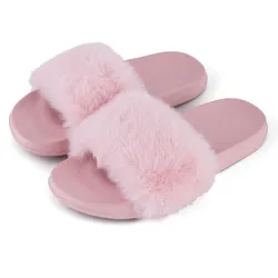 Summer indoor shoes ladies comfortable flat solid color open toe flip flops fake fur fox fur slippers