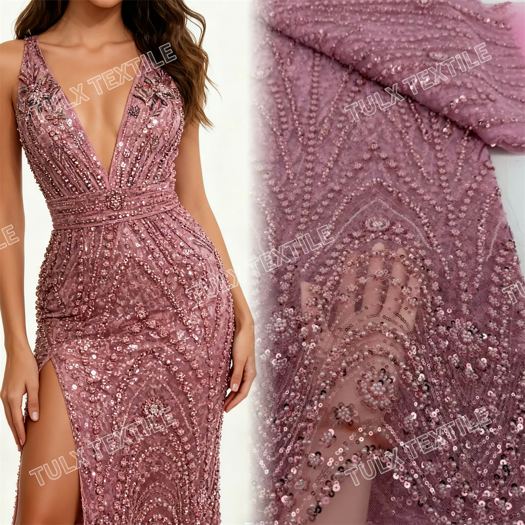

2026 Luxury African Lace Fabric 5 Yards Mesh Lace Beaded Tulle Lace Fabric Embroidered Nigerian Fabric for Wedding Dress Sew