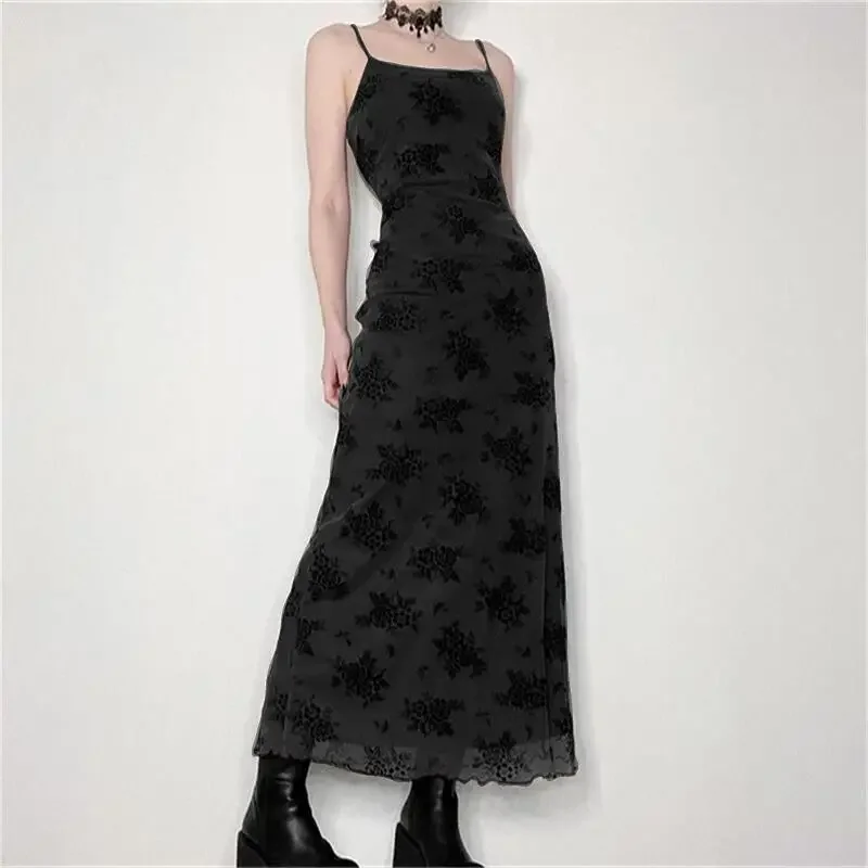 Gothic Zwarte Sexy Jurk Vrouwen Zomer Bloemenprint Streetwear Mouwloze Mesh Patchwork Jurk Elegante Party Club Lolita Jurken