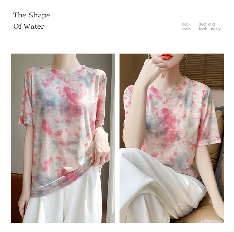 Summer New Women's Round Neck Printed Knitted Short-Sleeved Thin T-shirt Loose Bottoming Shirt