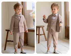 Kids Birthday Wedding Party Dress Performance Tuxedo Set Children Luxurious Khaki Photography Suit Boys Formal Ceremony Costume