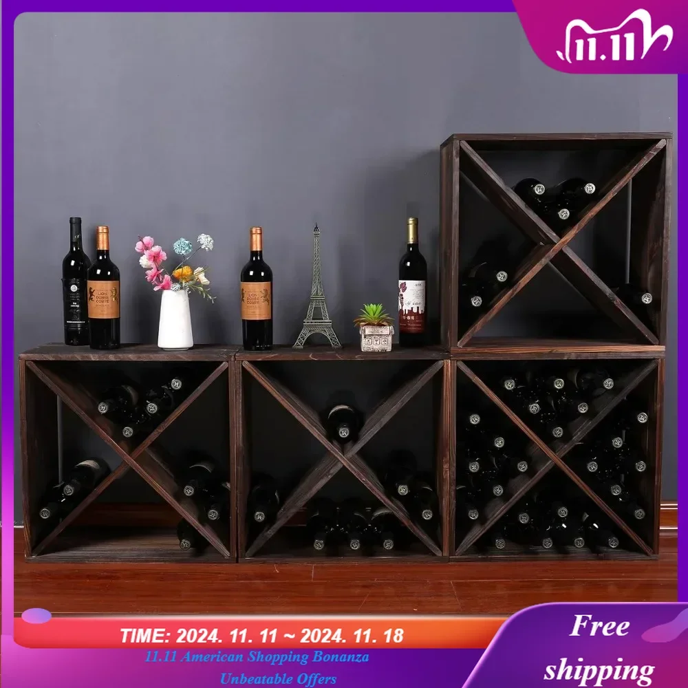 Wine Racks countertop Solid Wood Stackable Storage Rustic Retro Cube 48-Bottle Wooden Wine Rack Wine Cabinet(48BottleBlack)