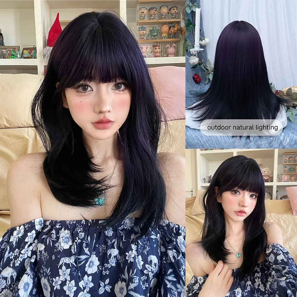 20Inch Dark Purple Sexy Synthetic Wigs with Bang Neatly Trimmed Medium Natural Straight Hair Wig For Women Daily Heat Resistant