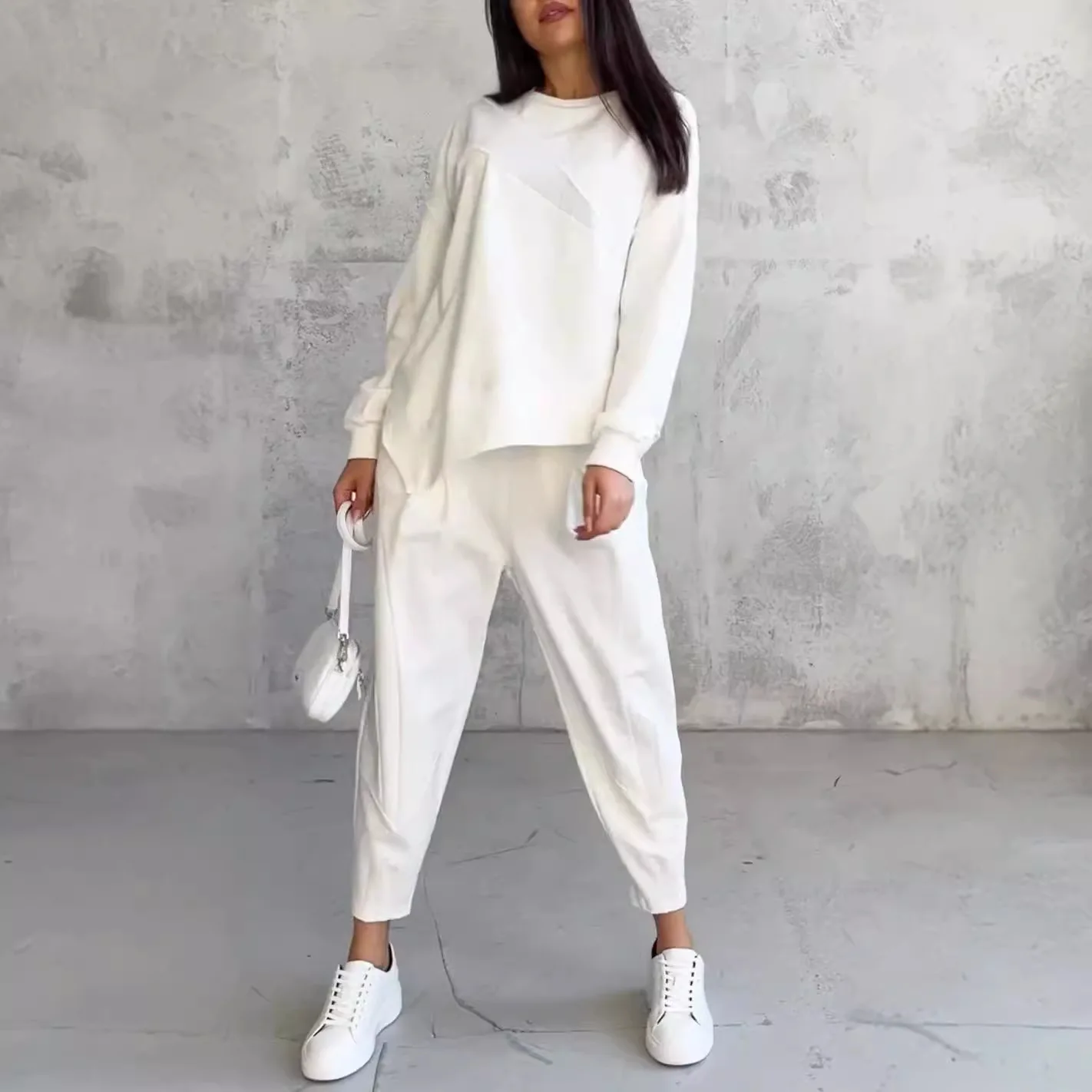 

Fashionable Irregular Top Women Set Long-sleeved Sweatshirt Harem Pants Two-piece Suit Casual Solid Color Pocket Trousers Outfit