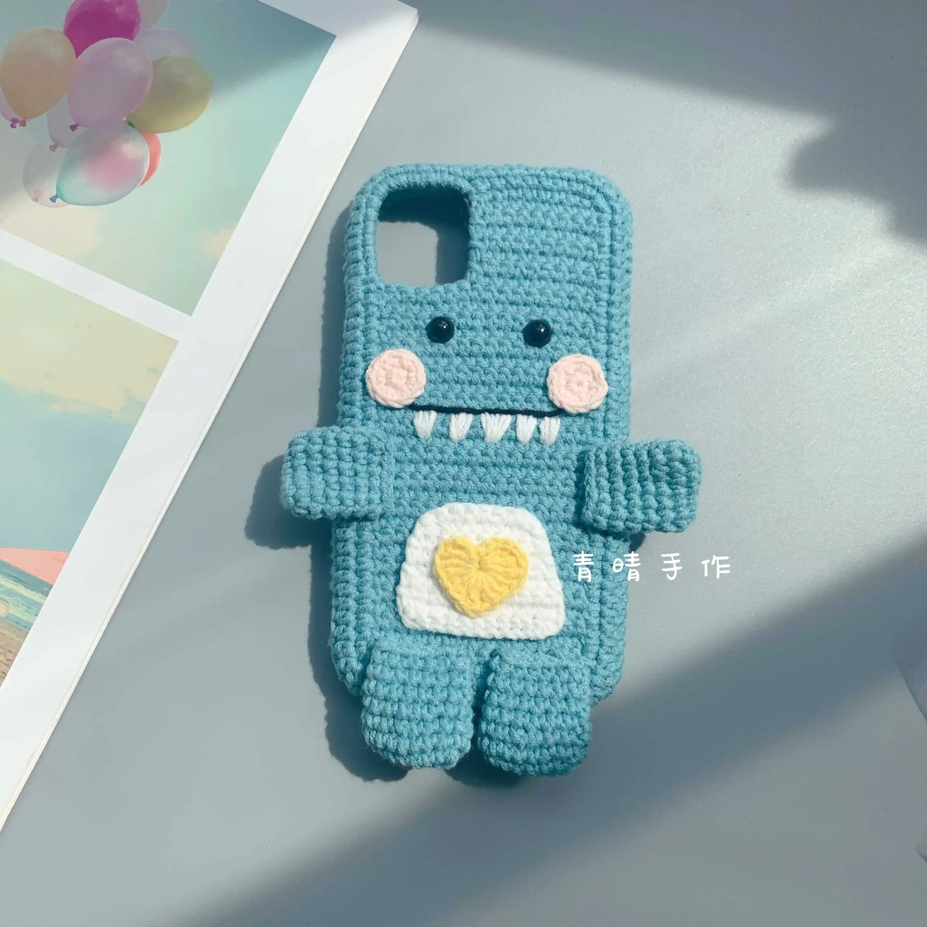 4030 Handmade Custom Plush Crochet Little Monster Dinosaur Phone Case Yarn Knitted Protective Shell Full Wrap Anti Shockproof