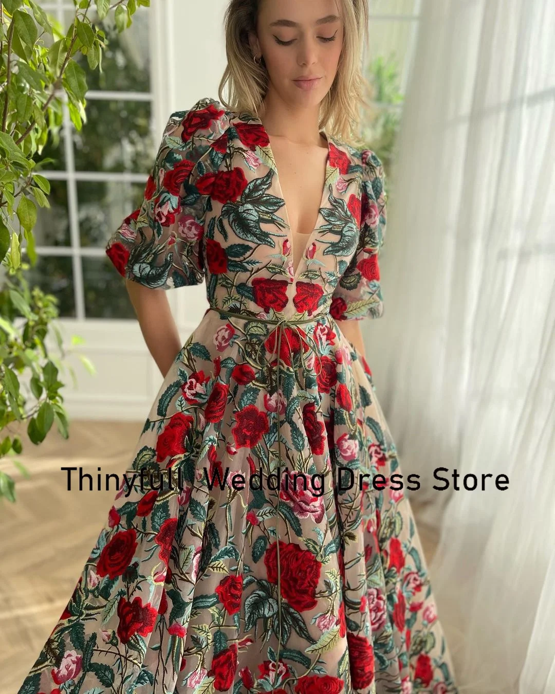 Thinyfull Elegant Flower Prom Dresses V-neck Half Sleeves Tulle Evening Gowns Floor Length Formal Occasion Dress Robe De Soirée