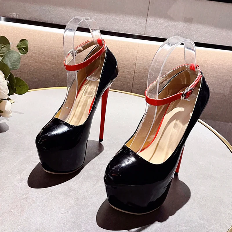 Liyke Runway Fashion Super Thin High Heels Wedding Banquet Shoes Black Red Round Toe Buckle Strap Platform Pumps Women Stilettos