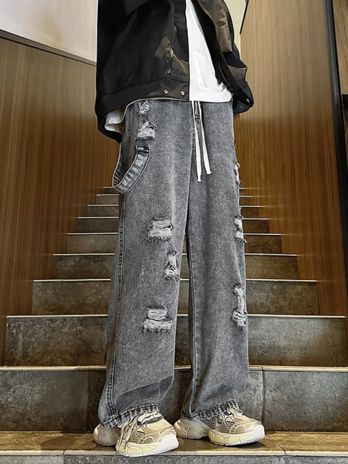 

Trendy American High Street Men's Jeans Design Sense Loose Straight Elastic Waist Pants Faionable Workwear Wide Leg Jeans