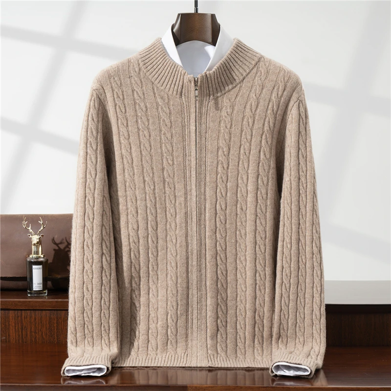 New Release: Men's Half High Collar Zipper Sweater Thickened 100% Pure Wool Knitted Sweater Autumn Winter Warm Clothing Cardigan
