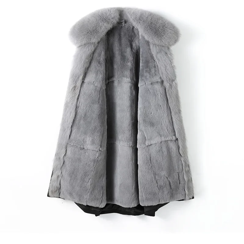 Winter Neue frauen Pelzmantel Kaninchen Fell Gefüttert Abnehmbare Fuchs Pelz Kragen Lange Casual Stil Leder Spleißen Mode Heißer verkauf...