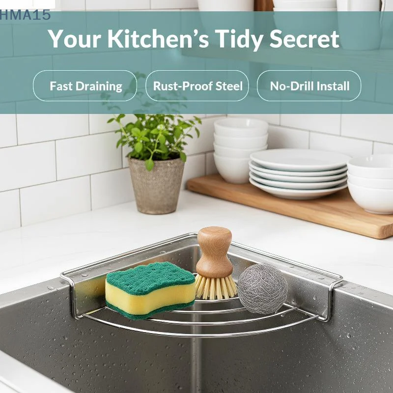 【YA】Stainless Steel Sink Corner Storage Rack Self-draining Punch-free Stand for Dishcloth Sponge Kitchen Sink Accessory