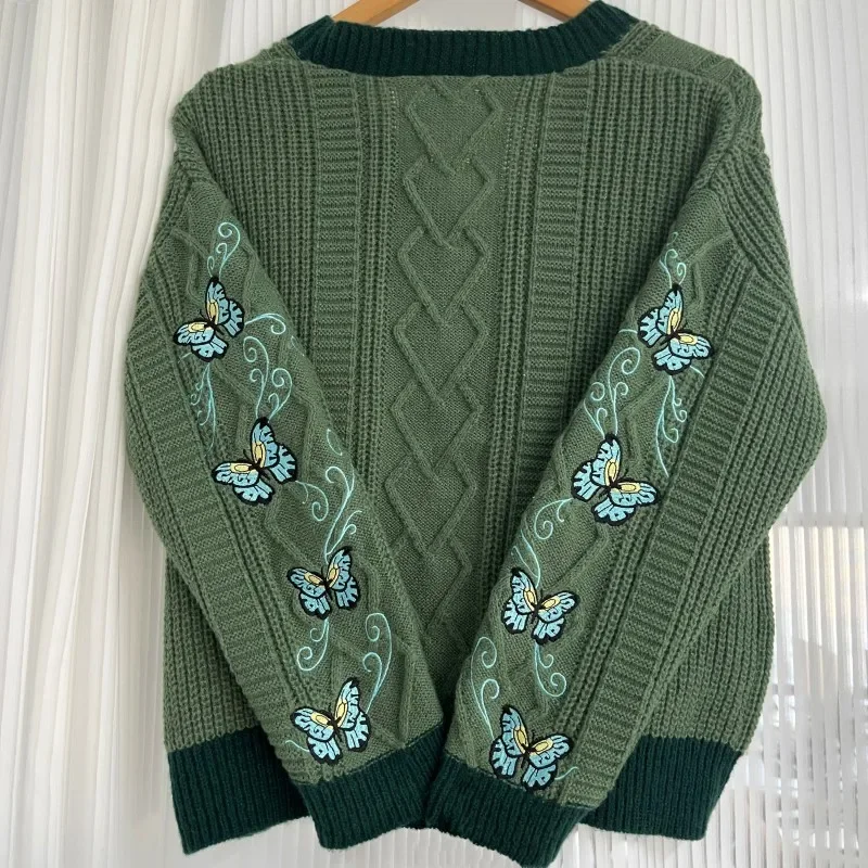 Dark Green Cardigan with Butterfly Embroidered Female Autumn Winter Letter Patch Knitted Cardigan Women 2024 New Sweaters Tops