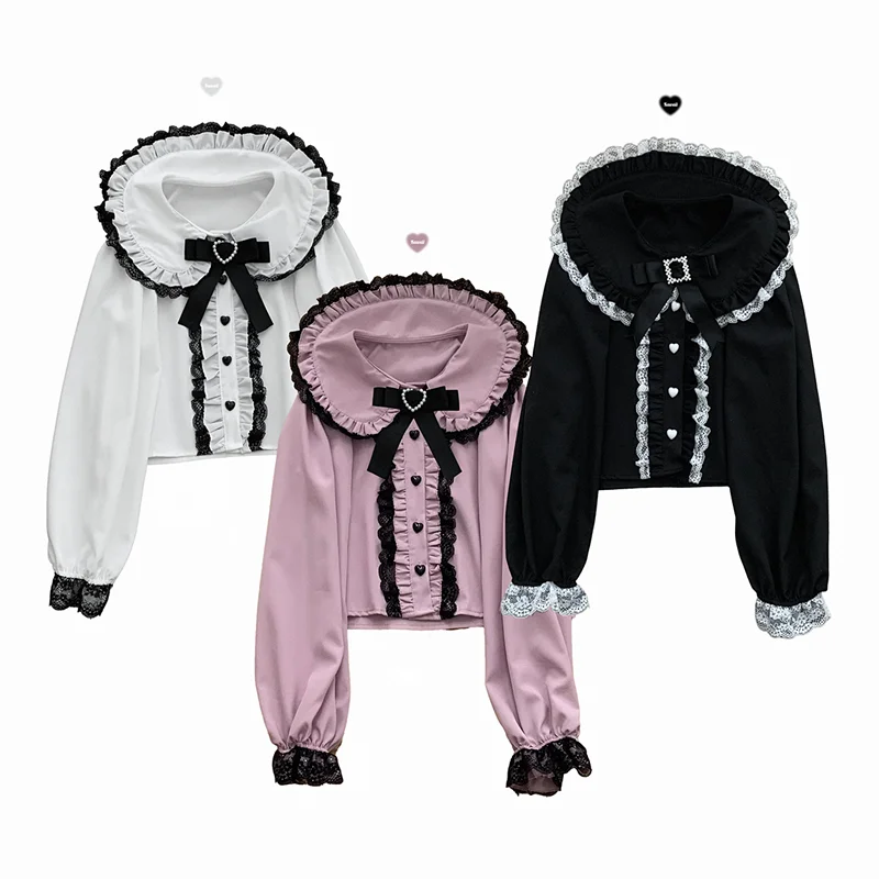 Dophee Original Japan Style Lace Princess Long Sleeve Shirts Love Button Cardigans Crop Top Cute Peter Pan Collar Lolita Blouses