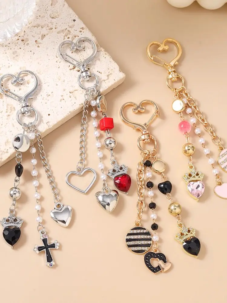 Aihua Y2K Liebesherz-Schlüsselanhänger für Frauen und Mädchen, Perlen-Kristall-Kronen-Herz-Schlüsselring, Handtaschenanhänger, DIY Handgemachter Schlüsselanhänger, Geschenke – Detail 1