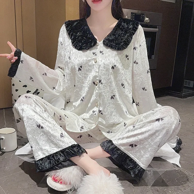 2025 جديد طالب دمية الرقبة منامة المرأة الحلو لطيف نمط غير رسمي طويلة الأكمام ملابس المنزل مجموعة موضة الراحة ملابس أنيقة