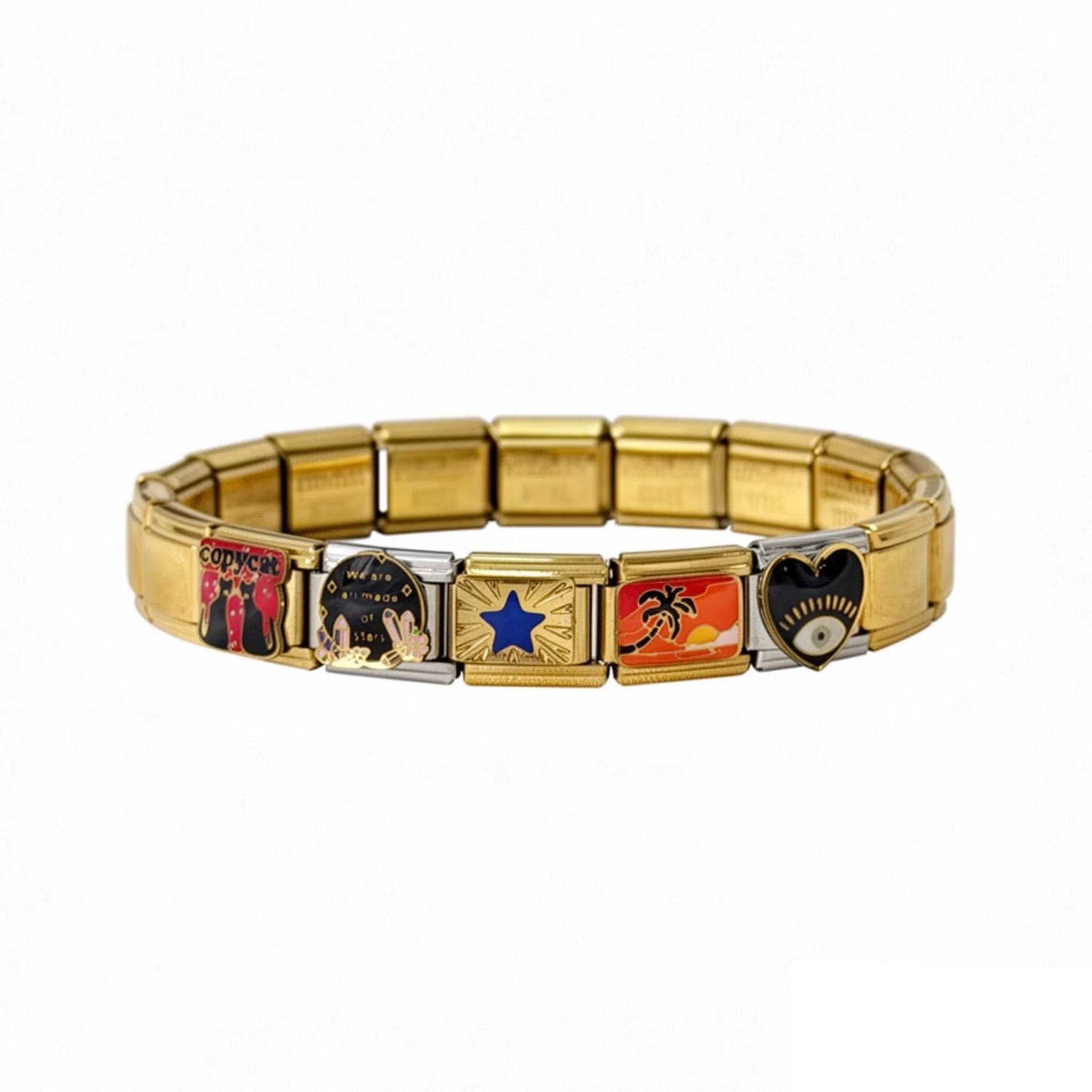 

Gold Color Stainless Steel 9mm Modular Link with Enamel Eye Star Charms Italian Charm Bracelet Personalized Jewelry for Women