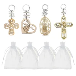 50/30/10Pcs Baptism Favor Keychain Cross Wooden Key Ring Christening Wood Design Key Ring With Bag For First Communion