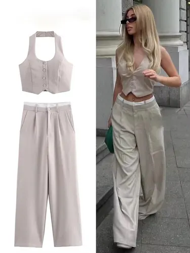 Imagen 1 del producto HH-Chaleco liso a la moda para mujer, traje de pantalón con una hilera de botones, chalecos recortados con cuello Halter, Top de cintura alta, pantalones de retales, conjuntos de oficina para mujer