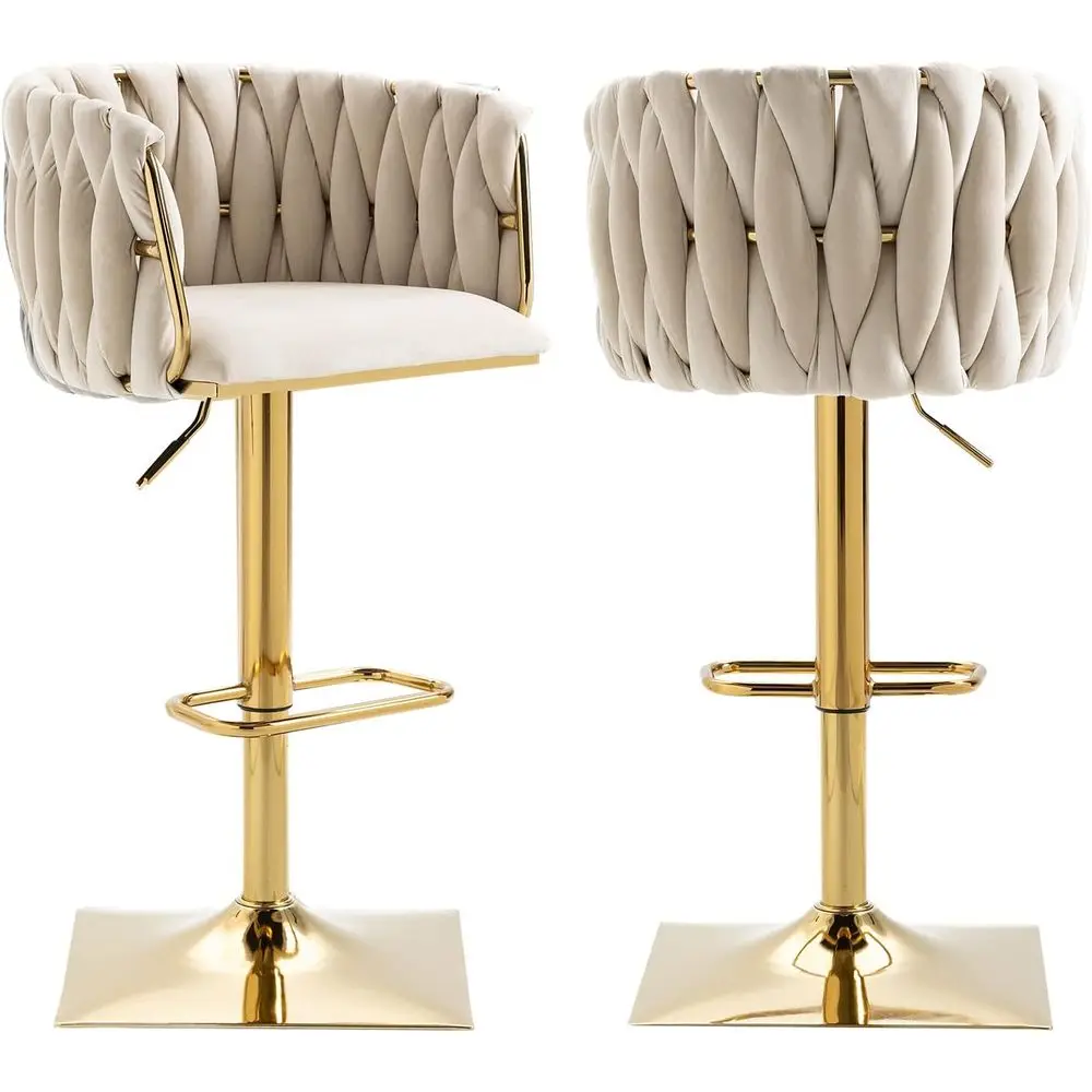 

Velvet Swivel Bar Stools Set of 2, Counter Height Chairs with Woven Backrests and Footrests, Ideal for Kitchen Islands and Pubs