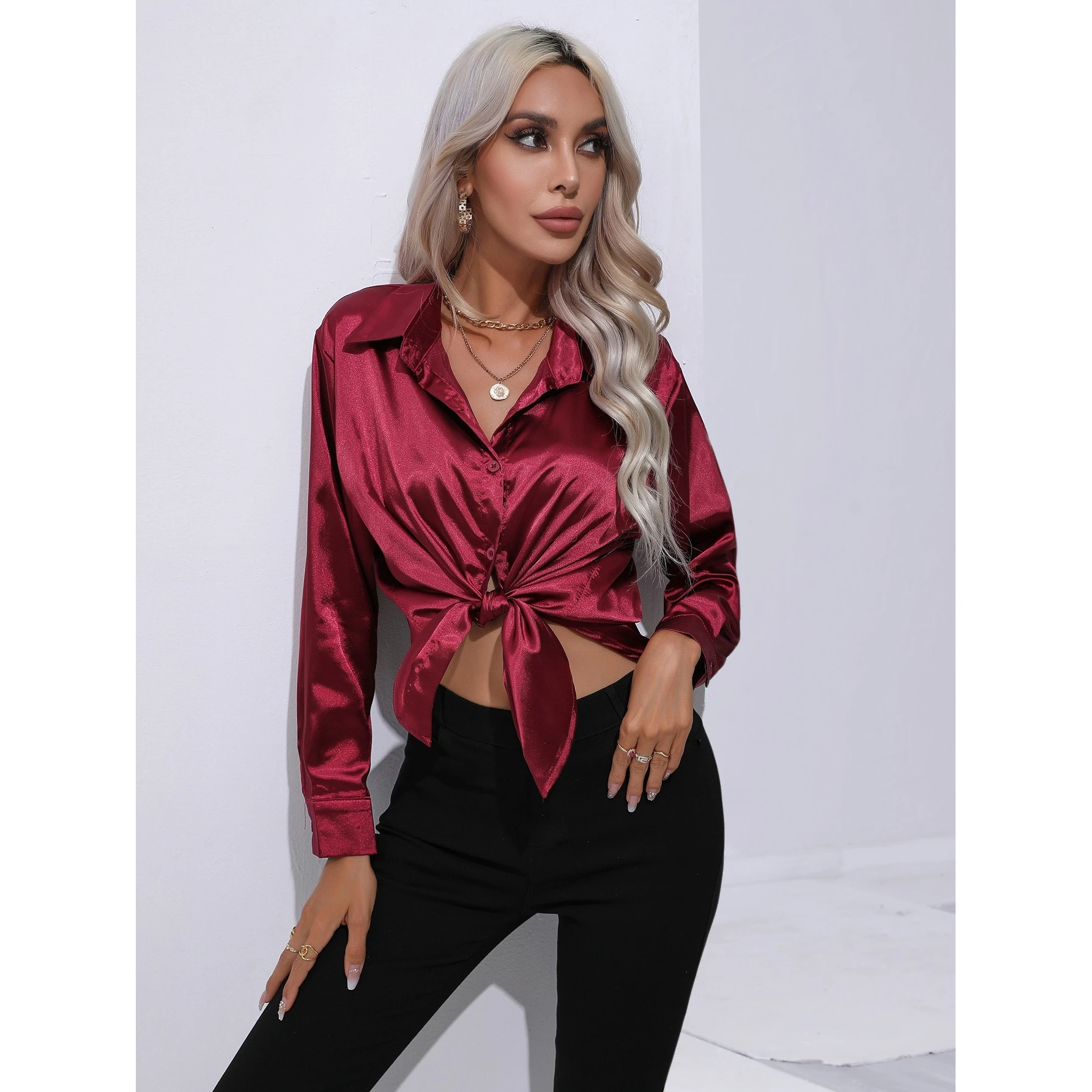 Cárdigan largo de seda de imitación satinada para mujer Sve irt European Sle Faionable Ele con cierre de un solo botón Dr irt