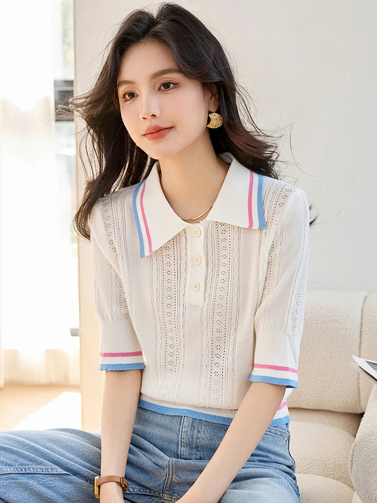 French Design Women\'s Turn-down Collar Knitted T-shirt Elegant Short Sleeve Top Summer New Pullover Sweater Slim Basic Tops