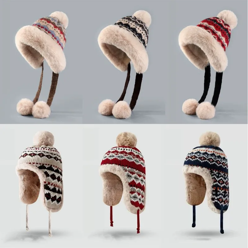 Gorro de punto lindo y suave, cálido para el invierno, con protección para las orejas, gorro de esquí para exteriores, gorro de invierno grueso y cálido para mujer, gorro con pompón de pelo.