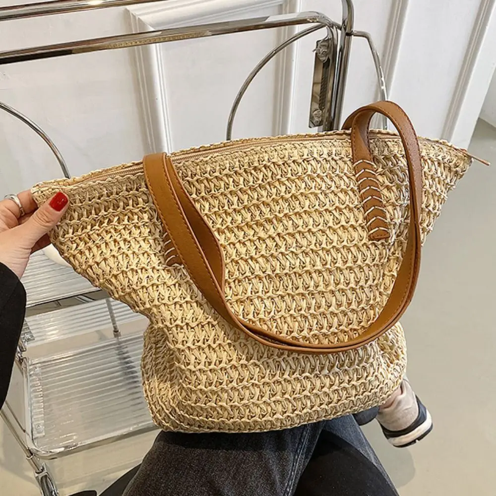 

Cute Solid Color Weave Straw Bag Bohemian Style Large Capacity Zipper Beach Bag Lazy Style Beach Handbag Hollow Tote Bag Summer