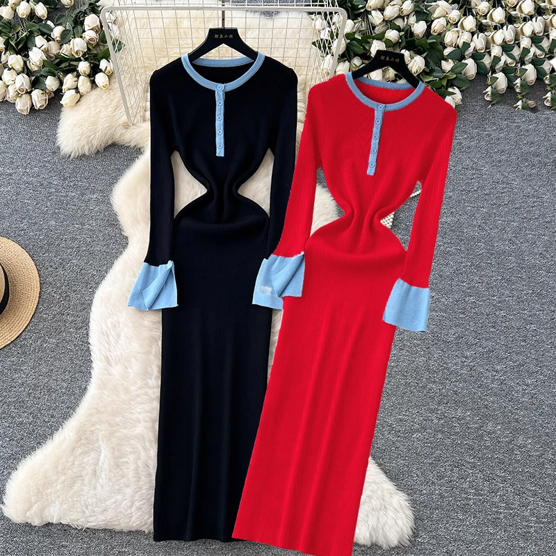 Robe longue en tricot pour femmes, Style français, Vintage, col rond, fente, manches longues, pull, Hit Color Patchwork, Slim, nouvelle collection automne 2026