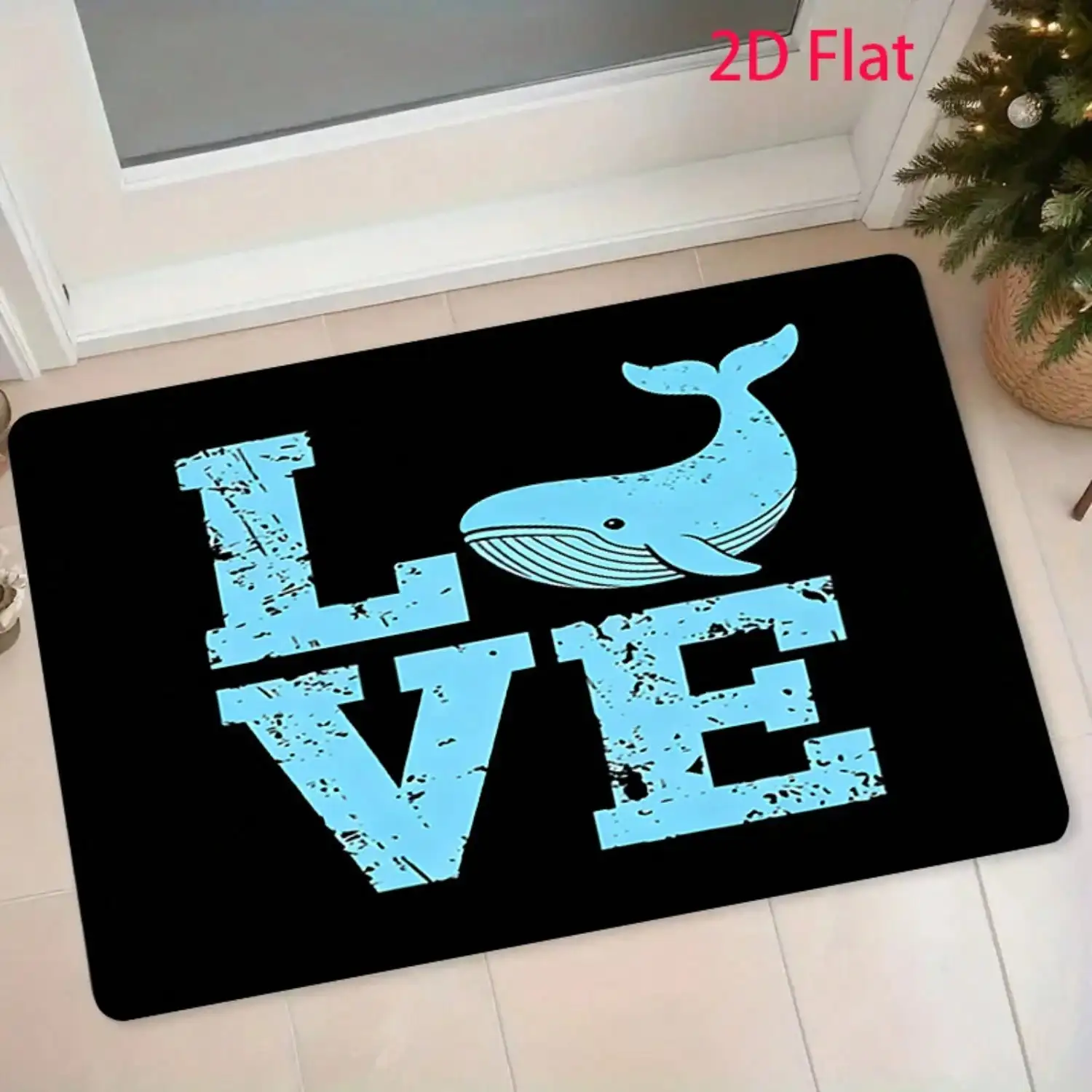1pc Flannel Material Door Mat, Black Base Distressed LOVE Letters Replacing O With Light Blue Whale Creative Print Pattern, Pointed Plastic Bottom, Machine