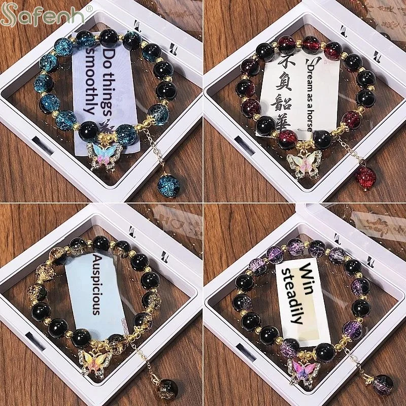 Bracelet en cristal noir et or pour femmes et filles, style coréen, avec pendentif papillon noir et violet, perles, bijoux d'amitié, cadeaux
