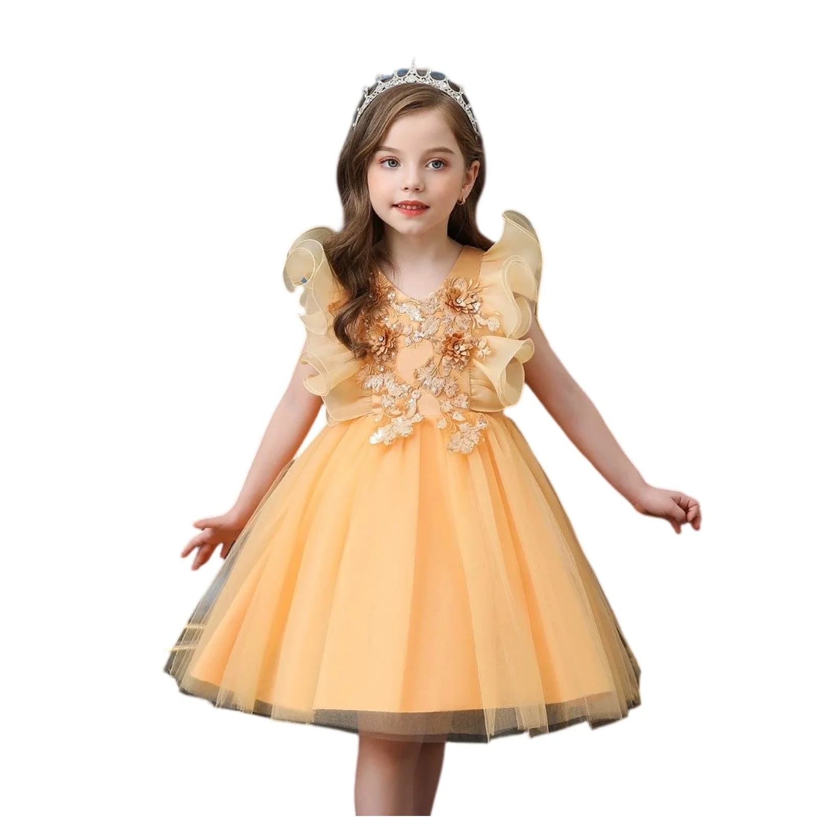 

Милая повседневная одежда с цветочным узором без рукавов для девочек, платье принцессы с летящими рукавами для маленьких девочек, подходит для детей от 2 до 10 лет