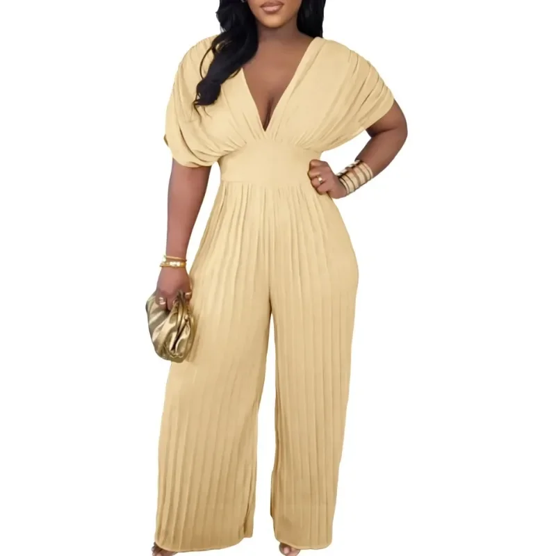 

Elegant African Clothes for Women Summer African Short Sleeve V-neck Polyester Pleat Long Jumpsuit Dashiki Africa Clothing S-3XL