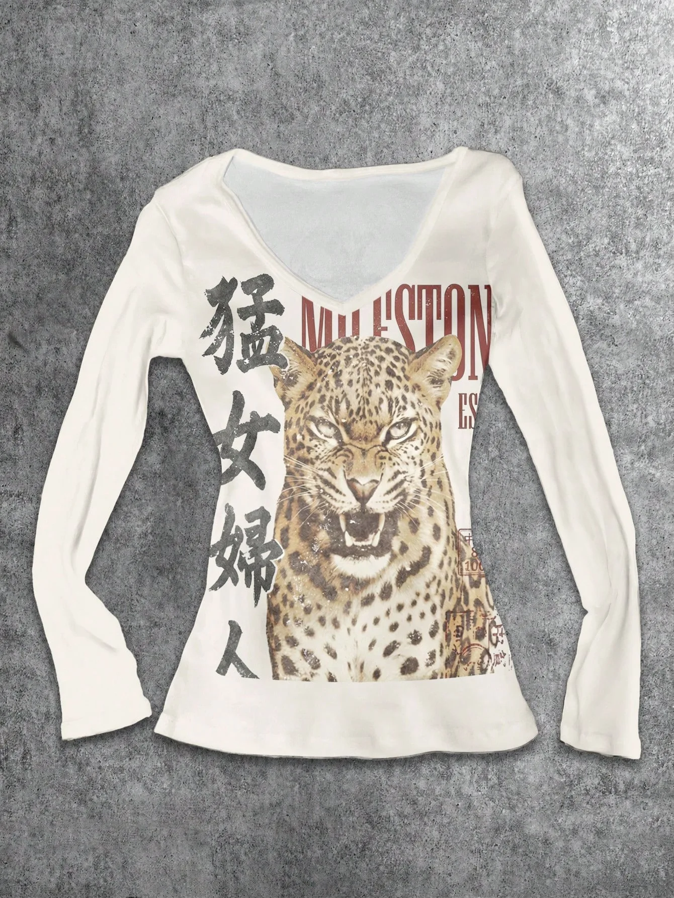 Japanese retro Y2KV collar long-sleeved women's T-shirt, printed pattern design, waist-closed slim street spice T-shirt.
