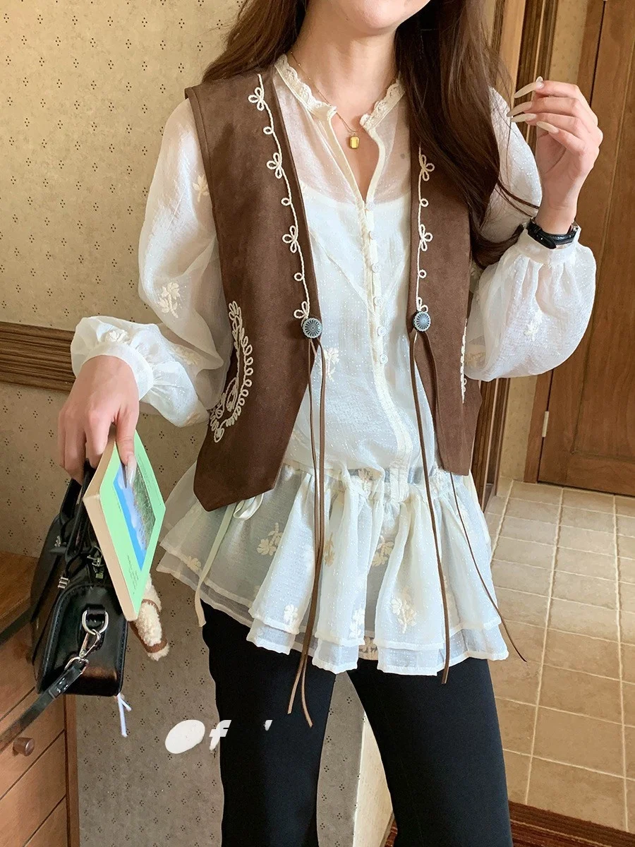 

Рубашка во французском стиле с вышивкой, женская, прозрачная, с кружевной отделкой по талии, с длинными рукавами, повседневная, модная, из полиэфирного волокна