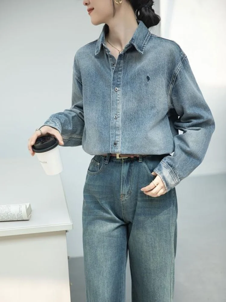 

Синяя джинсовая куртка Blue Waed для женщин: новинка ранней осени, эксклюзивный дизайн, высококачественный топ с длинными рукавами, свободный крой, на пуговицах