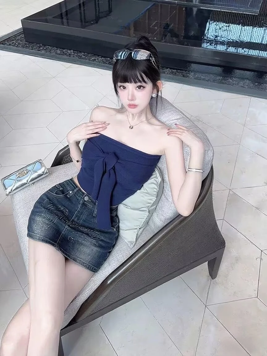 

Korean Sle High Waist Diamond Embellied Bodycon ort Denim Skirt Summer Slimming Versatile f-length Anti-exposure