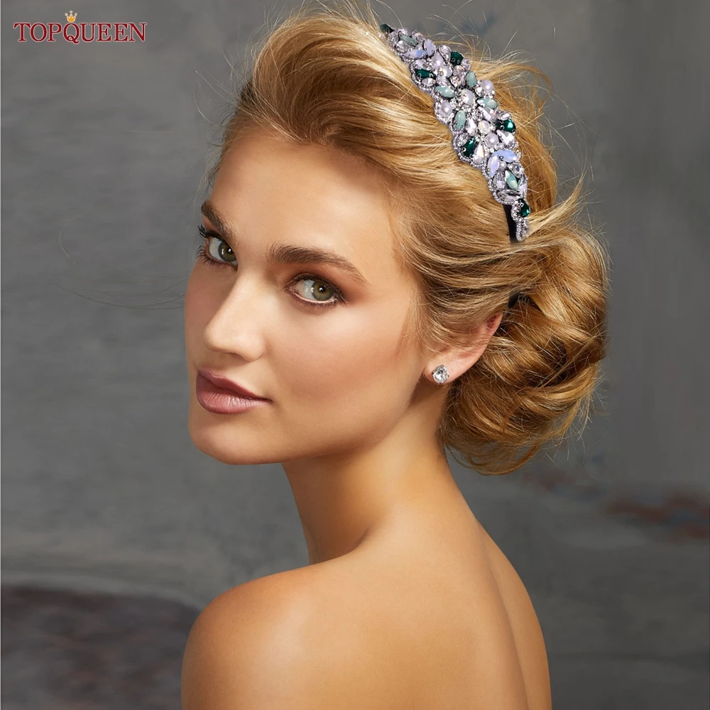 Topqueen faixa de cabelo com strass verde para mulheres, chapéu para festa, formatura, casamento, para mulheres