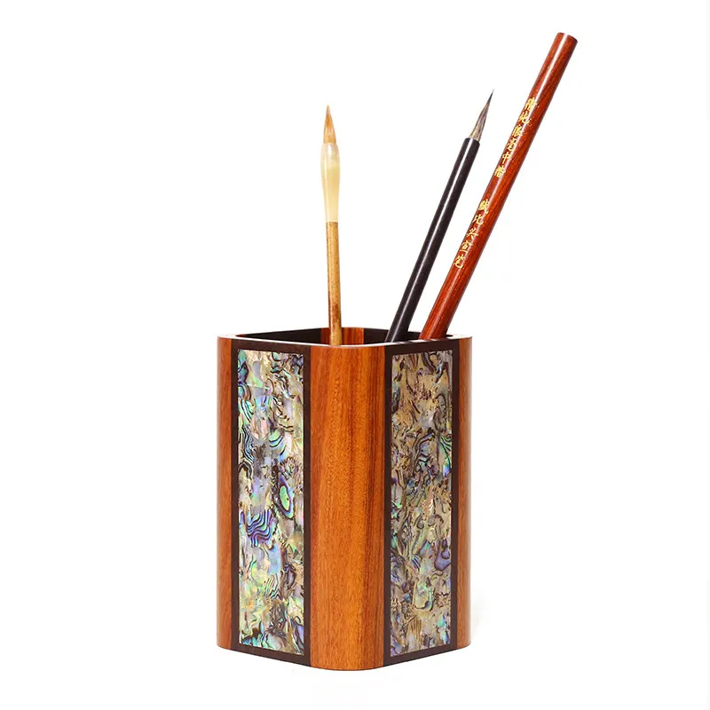 ✨ Chinese Intangible Cultural Heritage Mother Of Pearl Inlay Brush Pot Ebony Rosewood Lacquer Wooden Desk Organizer Oriental art