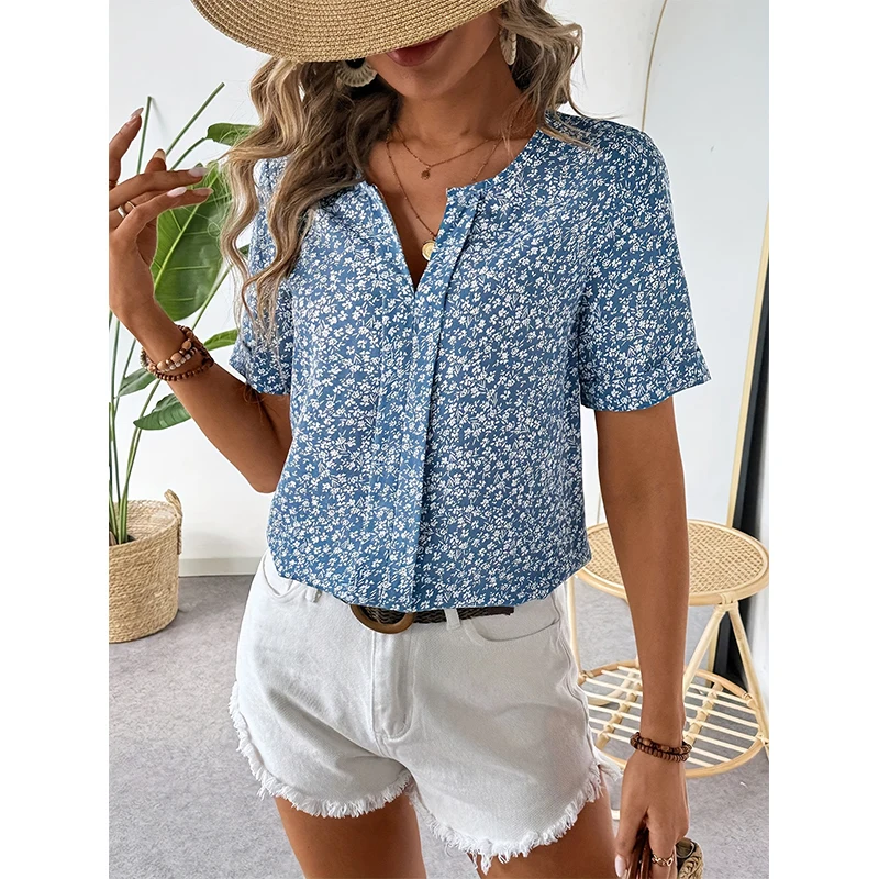 Women\'s Shirt V-neck small floral print Sweet small fresh short sleeve chiffon shirt top Breathable summer polyester casual nobl