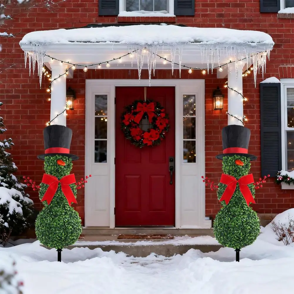 

Christmas Topiary Decoration Christmas Snowman Topiary Tree 31 with Bow Santa Hat Artificial Triple Ball Faux Boxwood