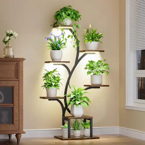 Plant Stand Indoor With Grow Lights, 7 Tiered Indoor Plant Shelf, 49"" Corner Plant Stands For Indoor Plants, Metal Plant