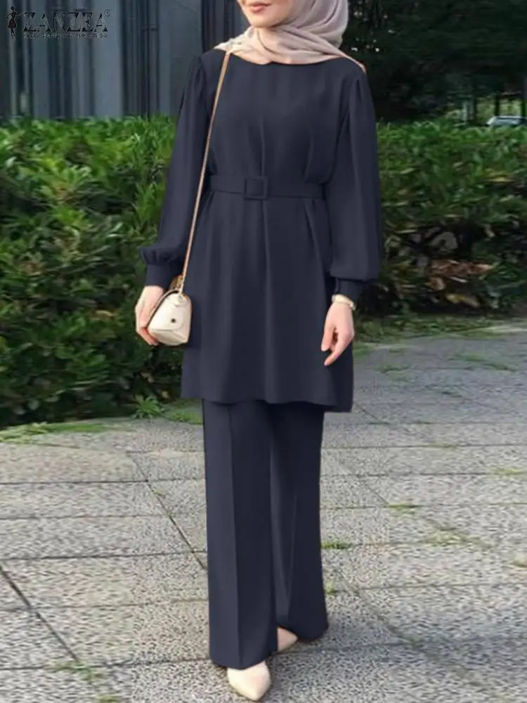 Eid Mubarek Outfit Fashion Suit Turkey Abaya Causal Pant Sets ZANZEA Muslim Long Sleeve Blouse Trouser Suit Women Matching Sets