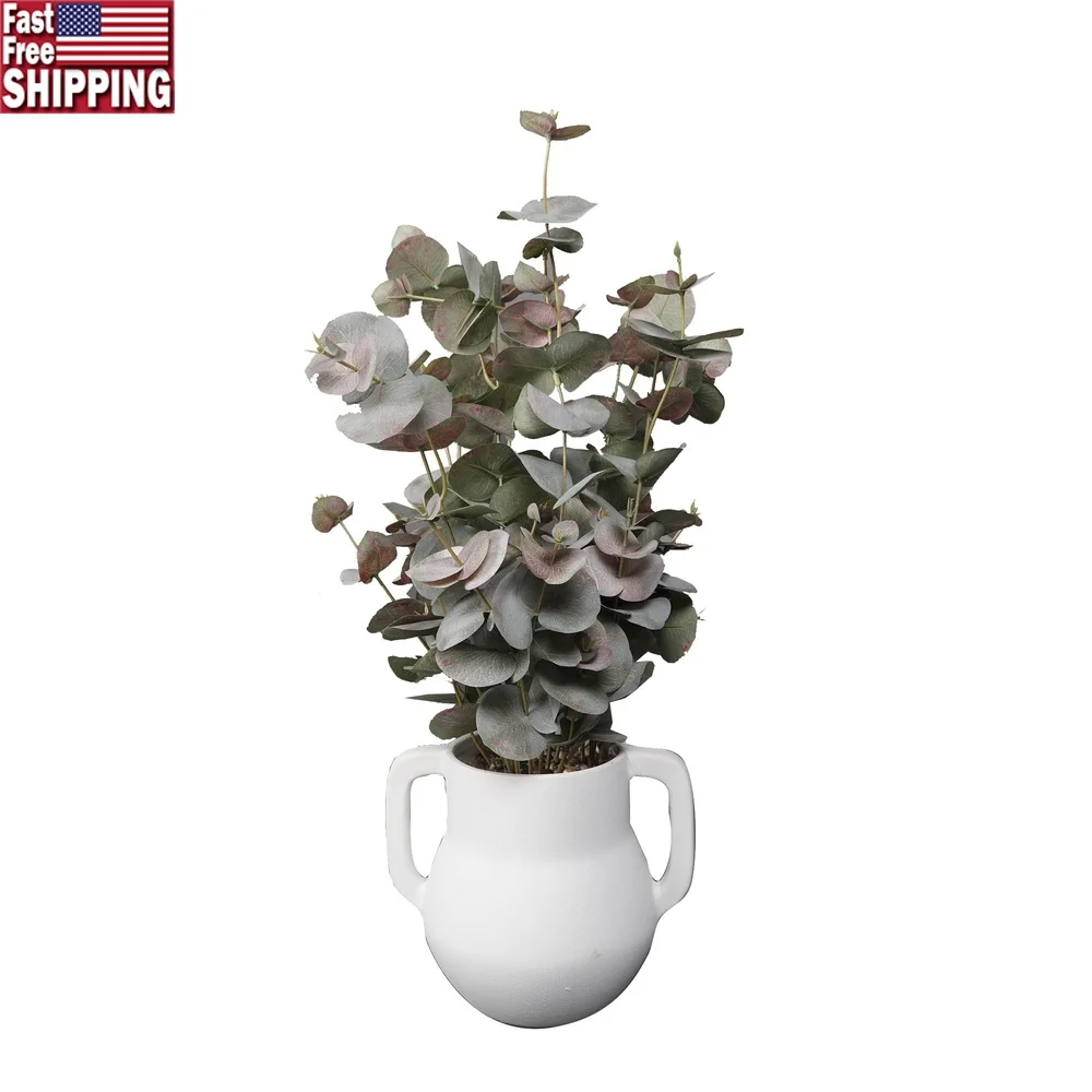 

21 Inch Artificial Eucalyptus Arrangement in Elegant Sand White Ceramic Vase Home Office Decor Stylish Tabletop Centerpiece